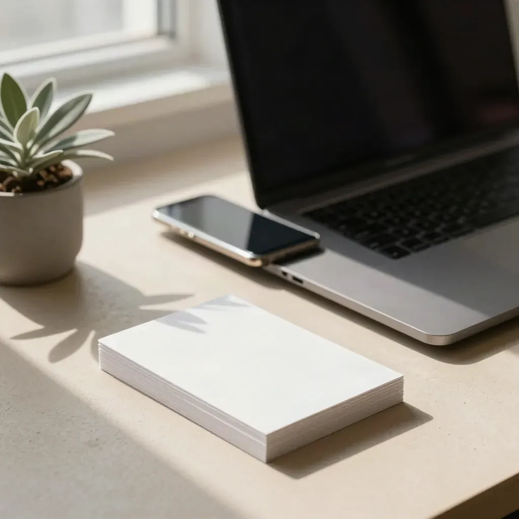 Open laptop, phone, note cards, and plant on a pale plaster surface in bright window light.
