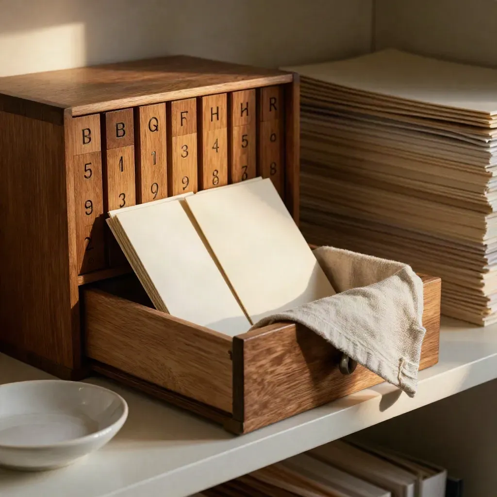 Wood catalog box, fanned cards, linen cloth and ceramic dish in warm archive light
