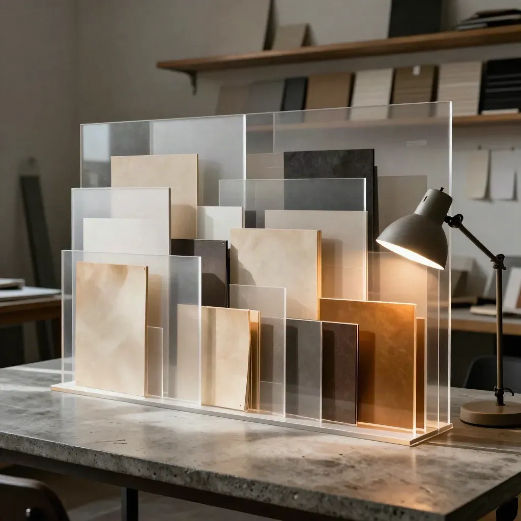 Layered paywall prototype with translucent panels and a desk lamp on a concrete table.