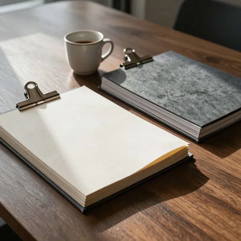 Comparison boards, sample sheets, coffee cup, and metal clips split by light and shadow on a conference table.
