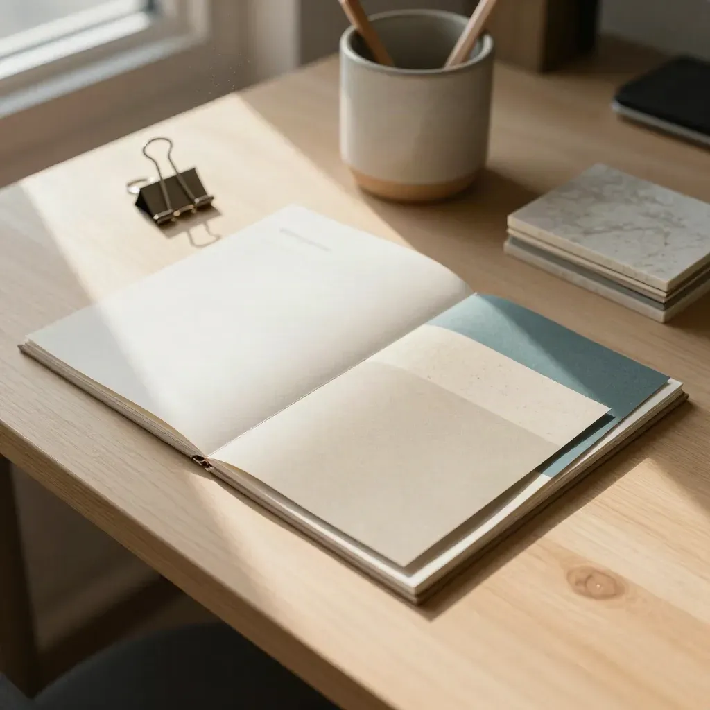 Print studio tabletop with brief cards, paper swatches, binder clip, travertine tile and pencil cup in window light.