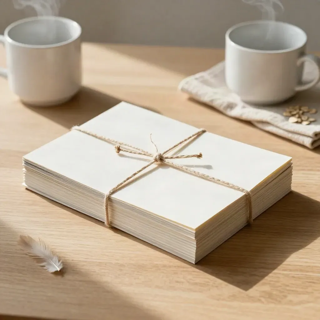 Tied booklets, steaming mug, and folded cloth on pale oak in morning light