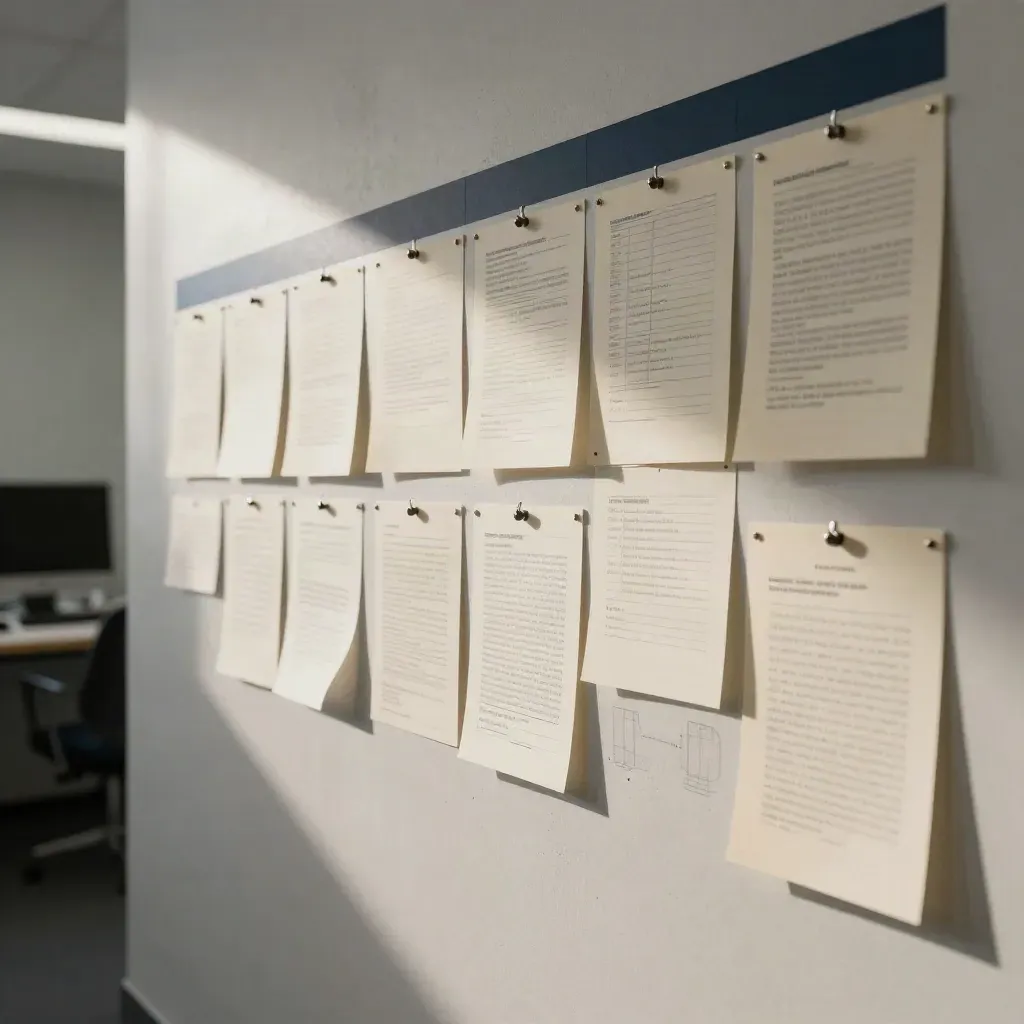 Low-angle newsroom planning wall with pinned search cards, lifted paper edges, and monitor glow