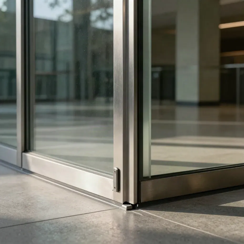 Glass lobby threshold with a half-closed security gate and reflective concrete floor