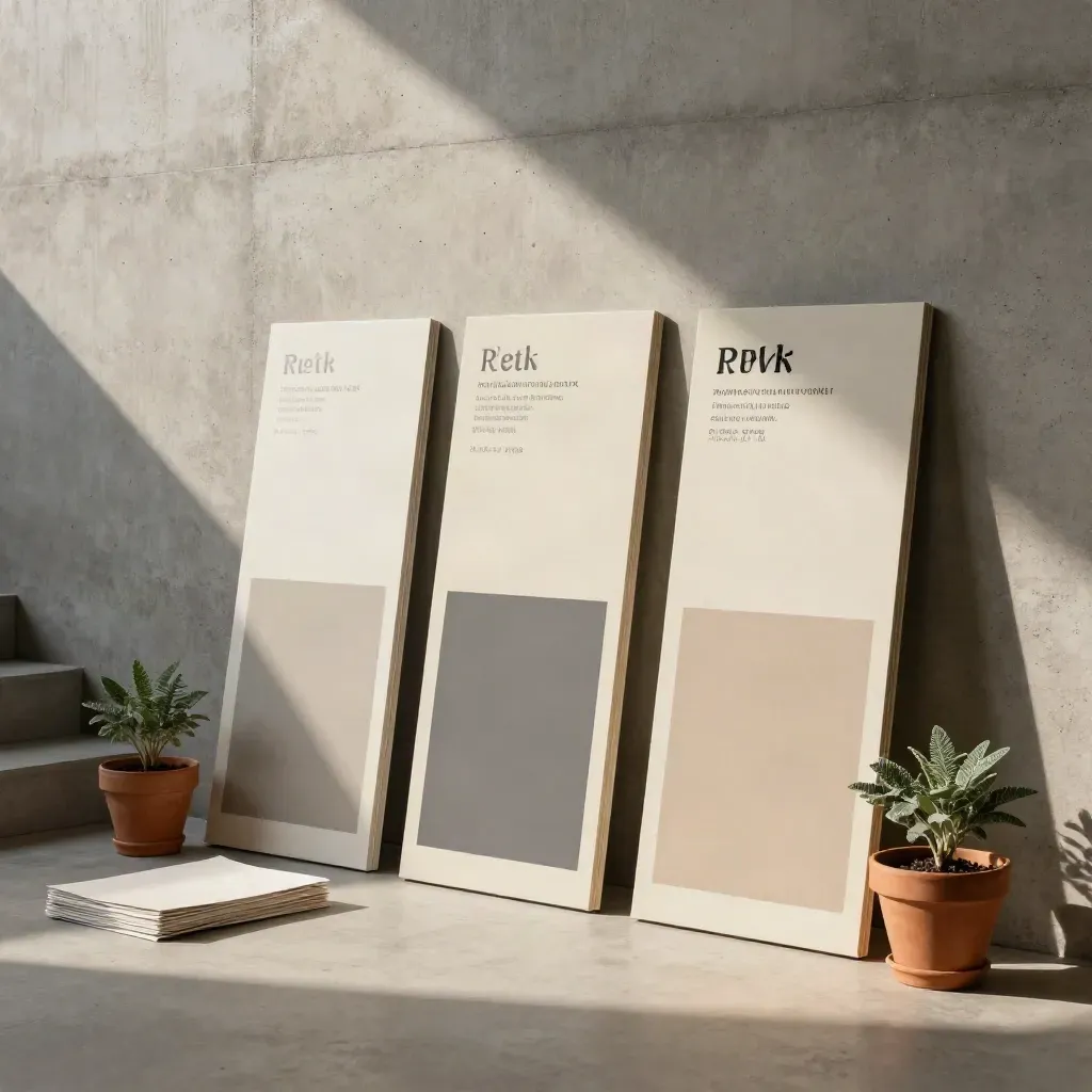 Three pricing boards lean on a concrete wall beside a plant and sample stack in warm window light.