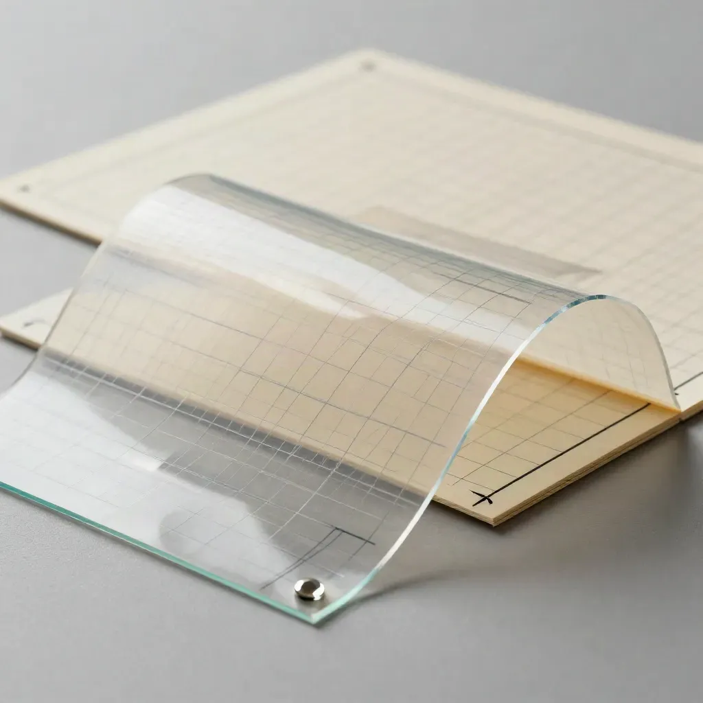 Translucent chart sheets and a folded board on a studio table, frozen mid-shift in side light.