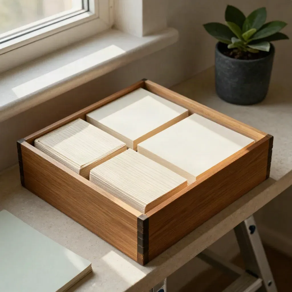 Open wooden catalog box with dividers, fanned cards and a small plant on a pale stone shelf.
