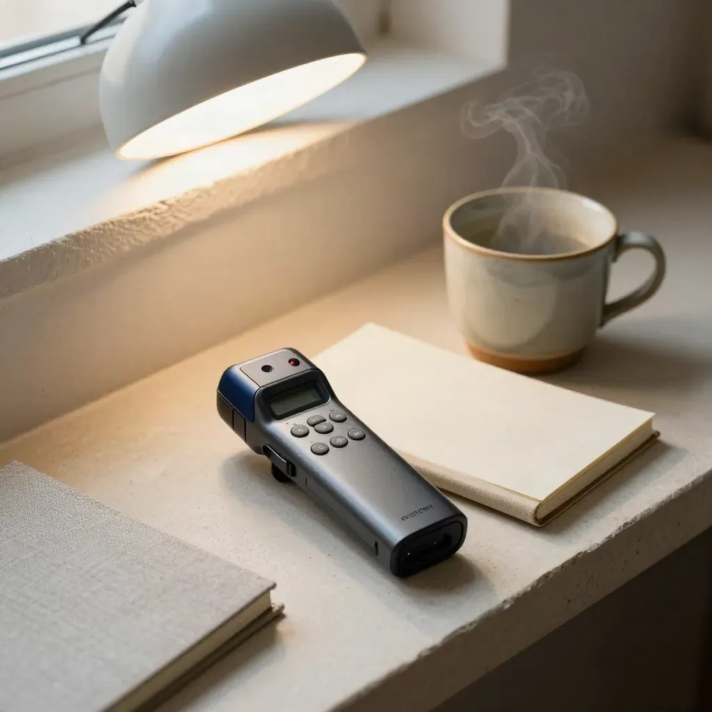 Interview kit on a plaster ledge with recorder, closed notebook, ceramic cup, and lamp glow.