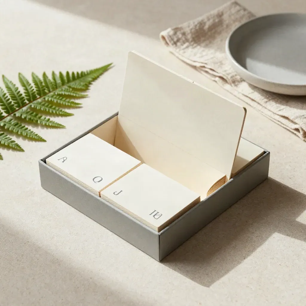 Overhead flatlay of an index box, fern, linen cloth, and ceramic dish on pale stone.
