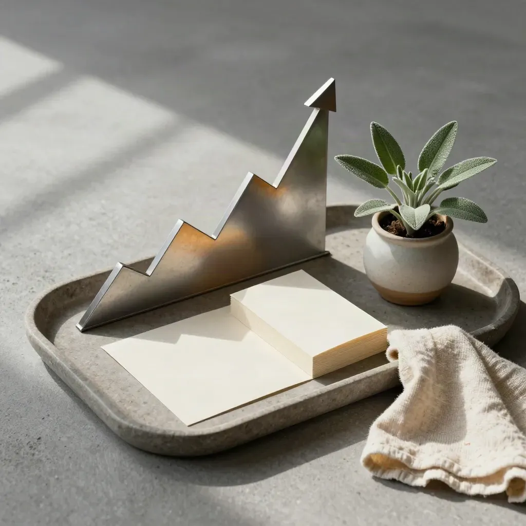 Metal trend line on stone tray with paper blocks, plant cutting, and folded cloth.