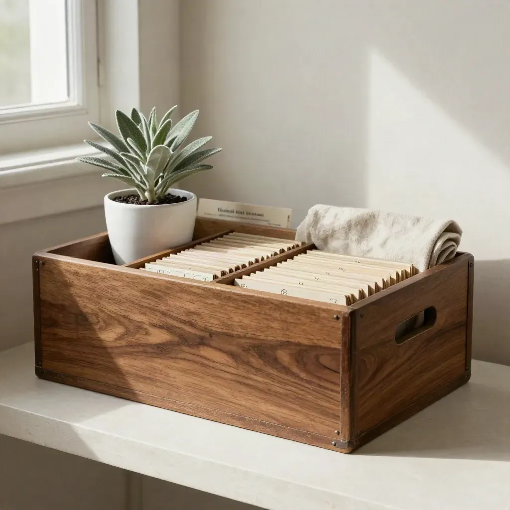 Wood catalog box with alphabet dividers, tiny plant and folded cloth on a plaster shelf.