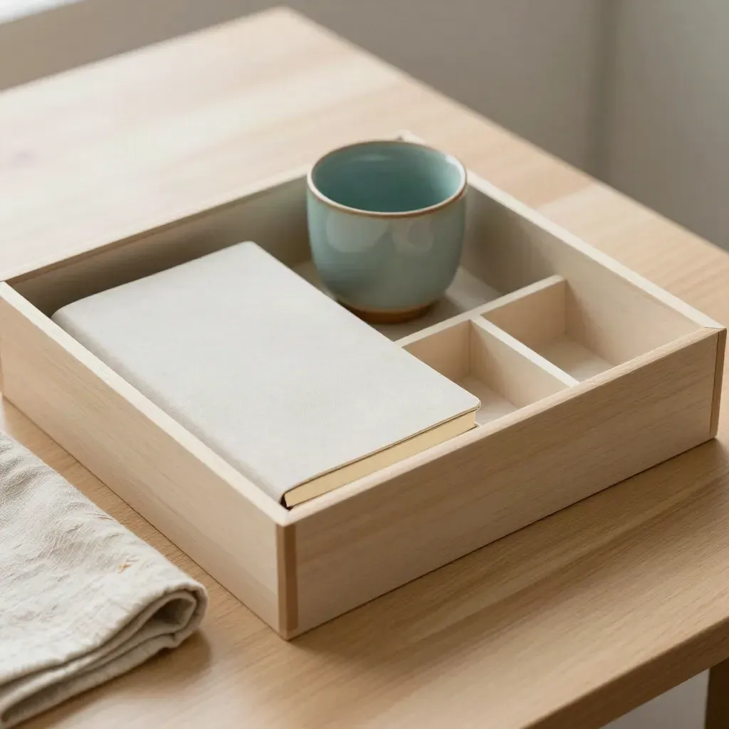 Open organizer box, notebook, cup, and cloth on a pale wood desk