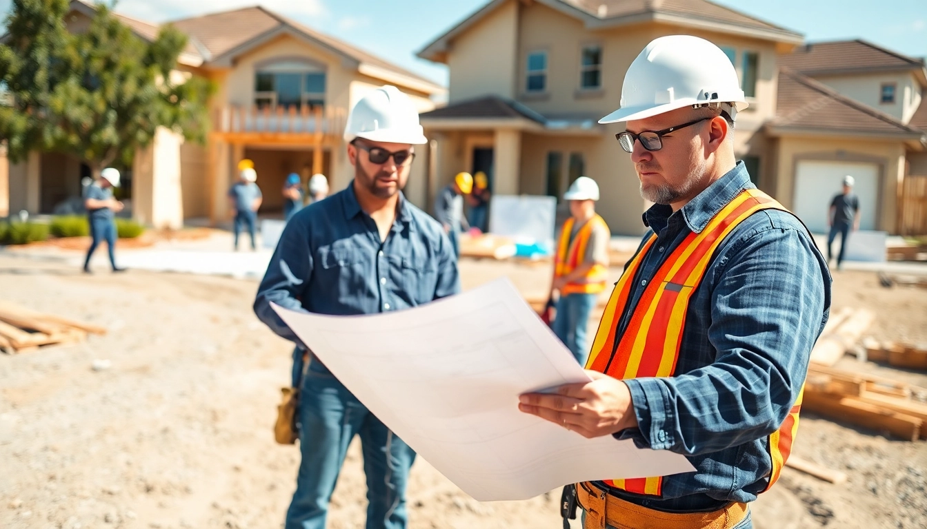 Austin general contractor supervising a residential project with workers in a bright, energetic construction site.