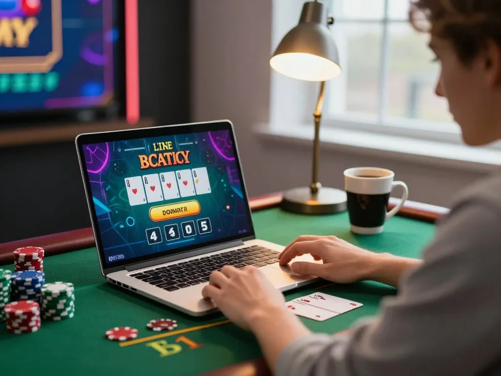 Debet players enjoying a live dealer blackjack game on a laptop in a cozy home setup, showcasing strategic gameplay.
