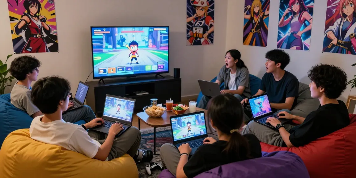 Friends enjoying hentaigames together in a cozy gaming room with snacks, controllers, and vibrant decor.