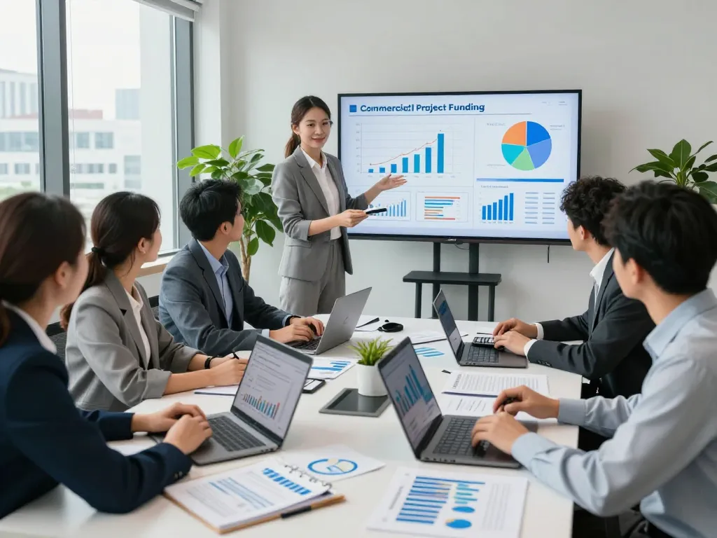 Consultants discussing commercial project funding strategies in a modern office.
