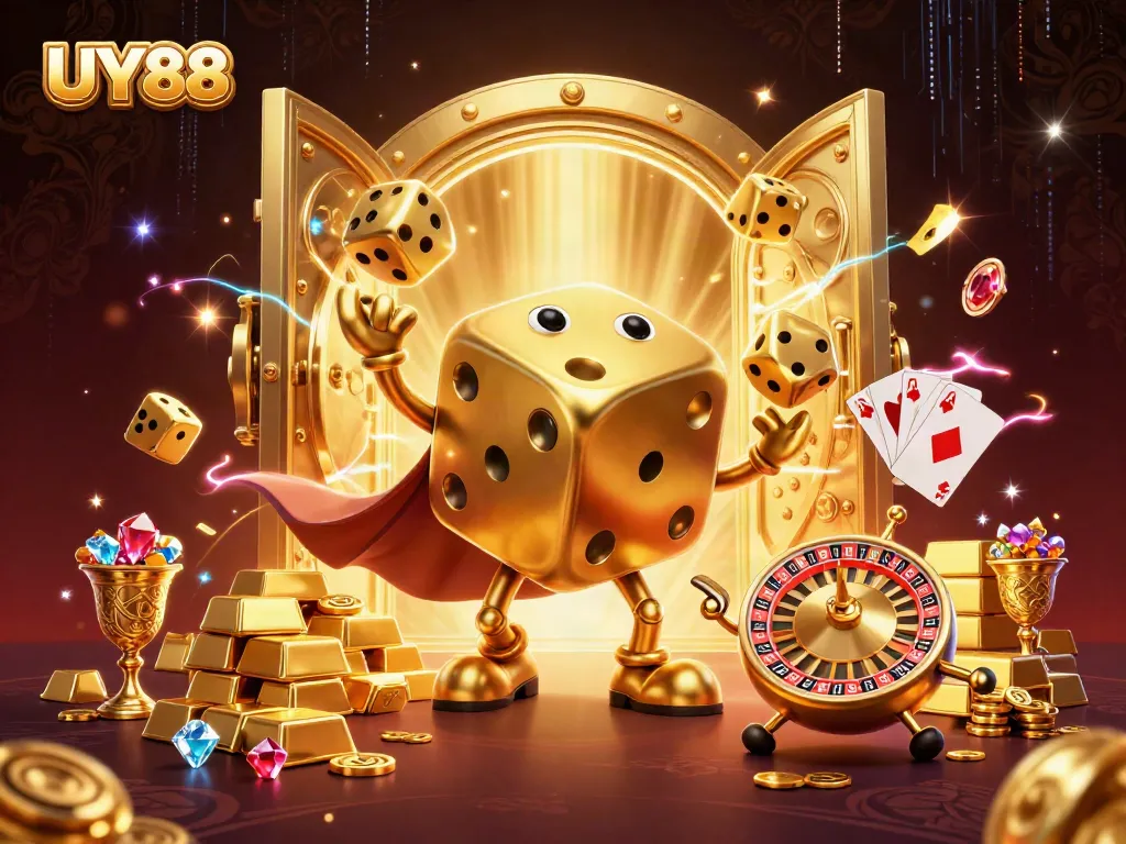 Experience the engaging casino world of UY88 with vibrant golden dice and sparkling treasures.