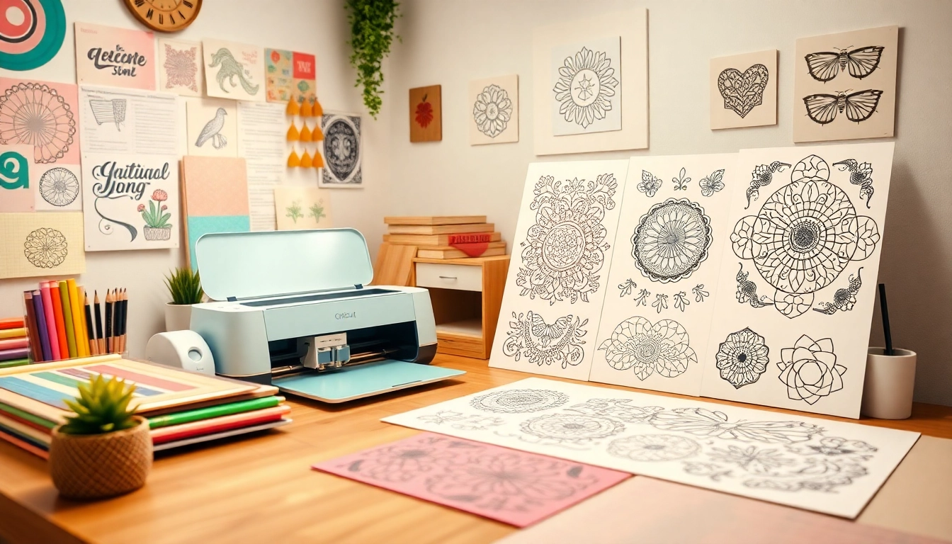Cricut SVG designs and creative workspace featuring a Cricut cutting machine with colorful vinyl.