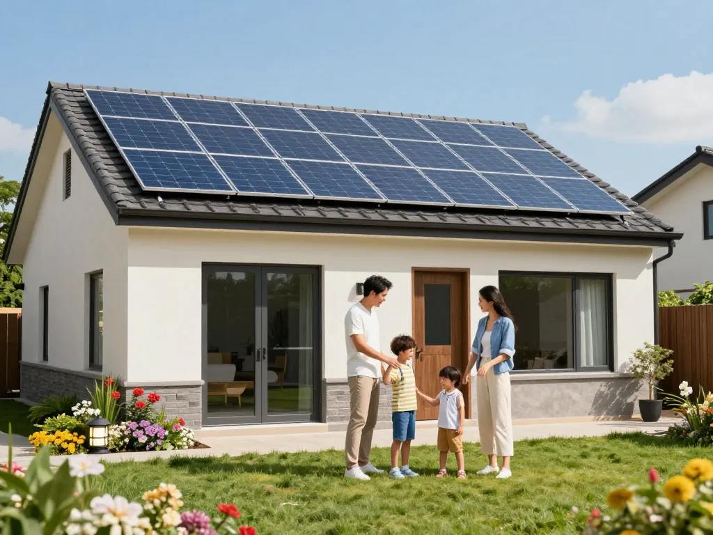 Showcasing technology HJT – pro e contro, a family enjoying solar energy in their backyard with stylish solar panels.