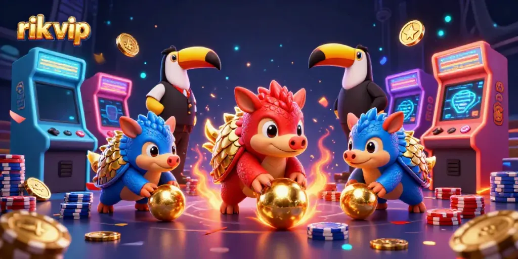 Experience thrilling gameplay at rik vip with exciting games, golden scales, and lively pangolins rolling poker chips.