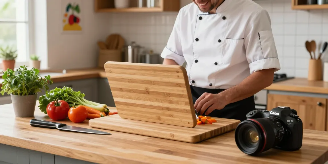 Chef using a bamboo cutting board to prepare fresh vegetables in a warm kitchen setting.