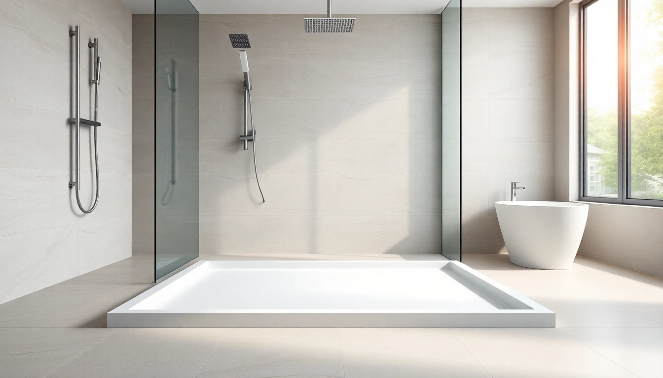 Install a sleek shower base shower in a stylish bathroom with elegant tiles and natural lighting.