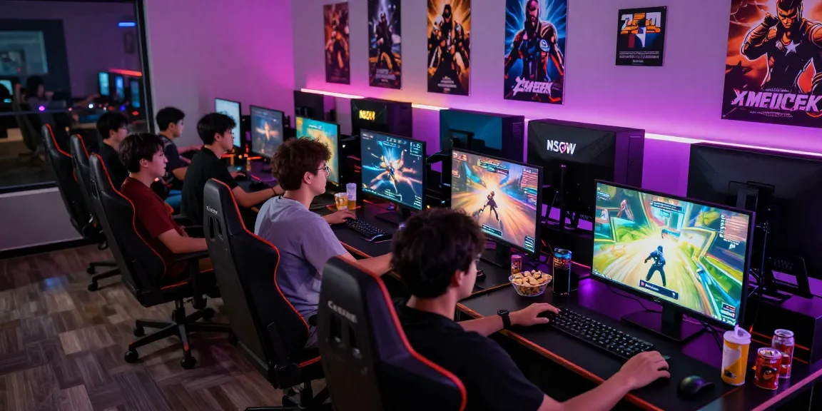 Engaged gamers enjoying nsfw games in a vibrant gaming lounge with LED lights.