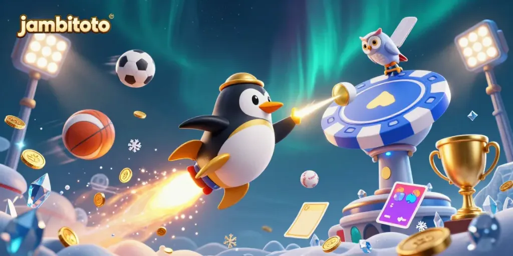 Experience thrilling wins at jambitoto with a dynamic penguin blasting through space towards a casino!