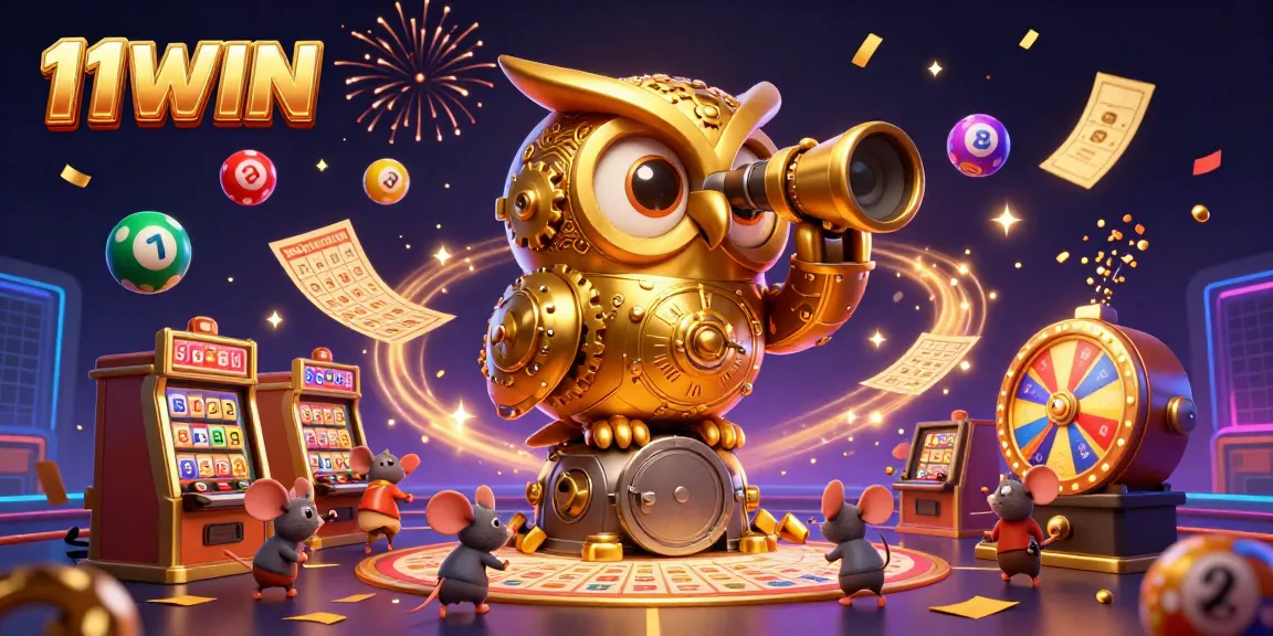 Experience vibrant casino excitement with 11WIN's animated owl and colorful lottery elements.