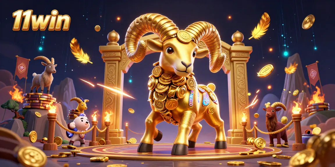 Experience excitement with 11win illustrated through a golden ram charging at a gate in a vibrant casino scene.