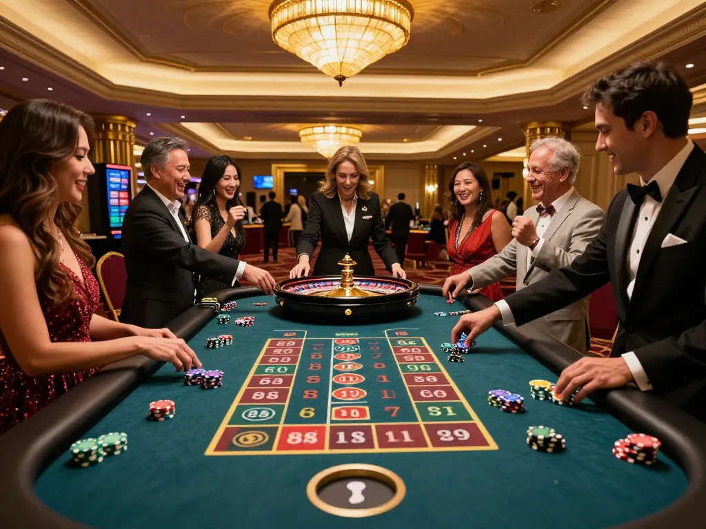 Players at the roulette table enjoy thrilling bets at net88's vibrant casino atmosphere.