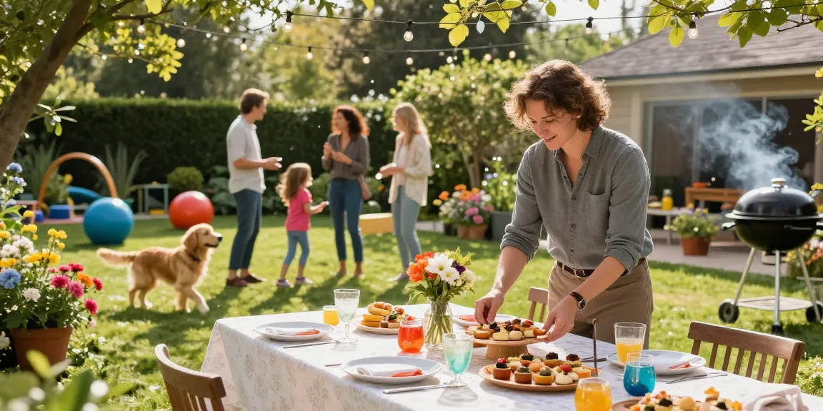 Outdoor entertaining scene showcasing beautiful table setting for entertaining blogs with guests enjoying food and games in a lush garden.