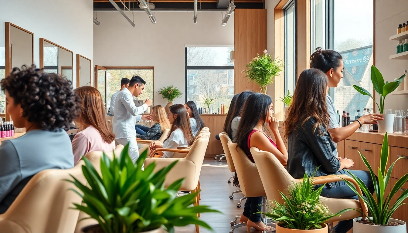 Best hair salon scene with friendly stylists attending diverse clients in a modern, vibrant setting.