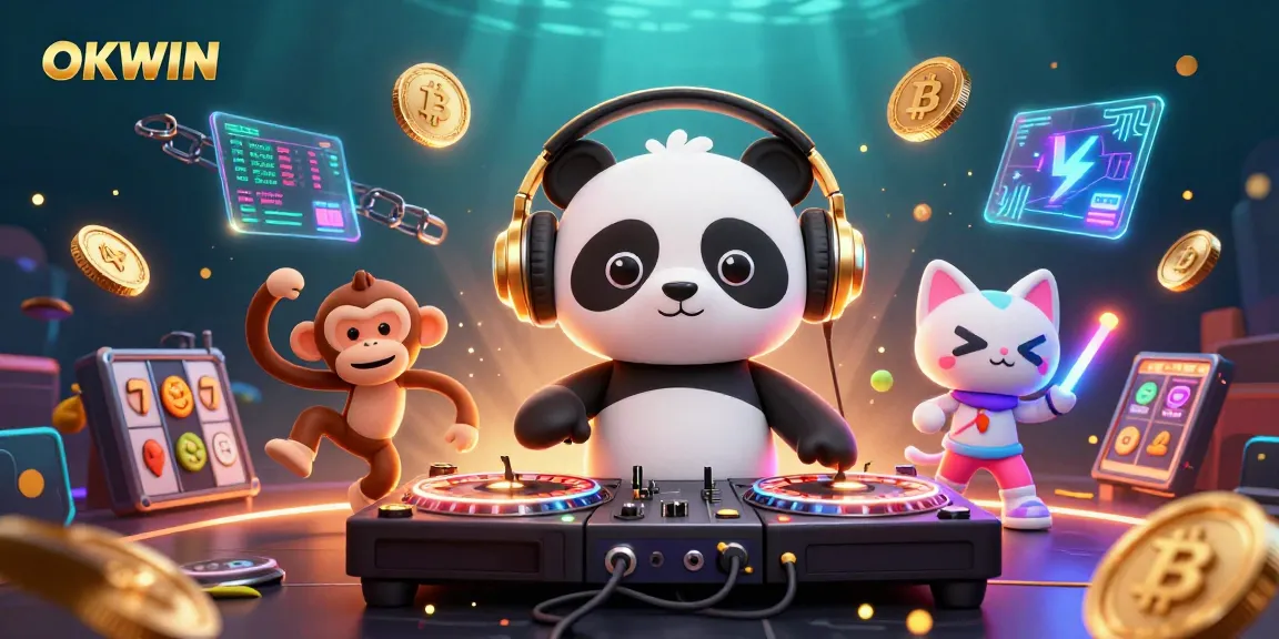 Experience the excitement of OKWIN with vibrant casino elements and animated characters celebrating gaming fun.