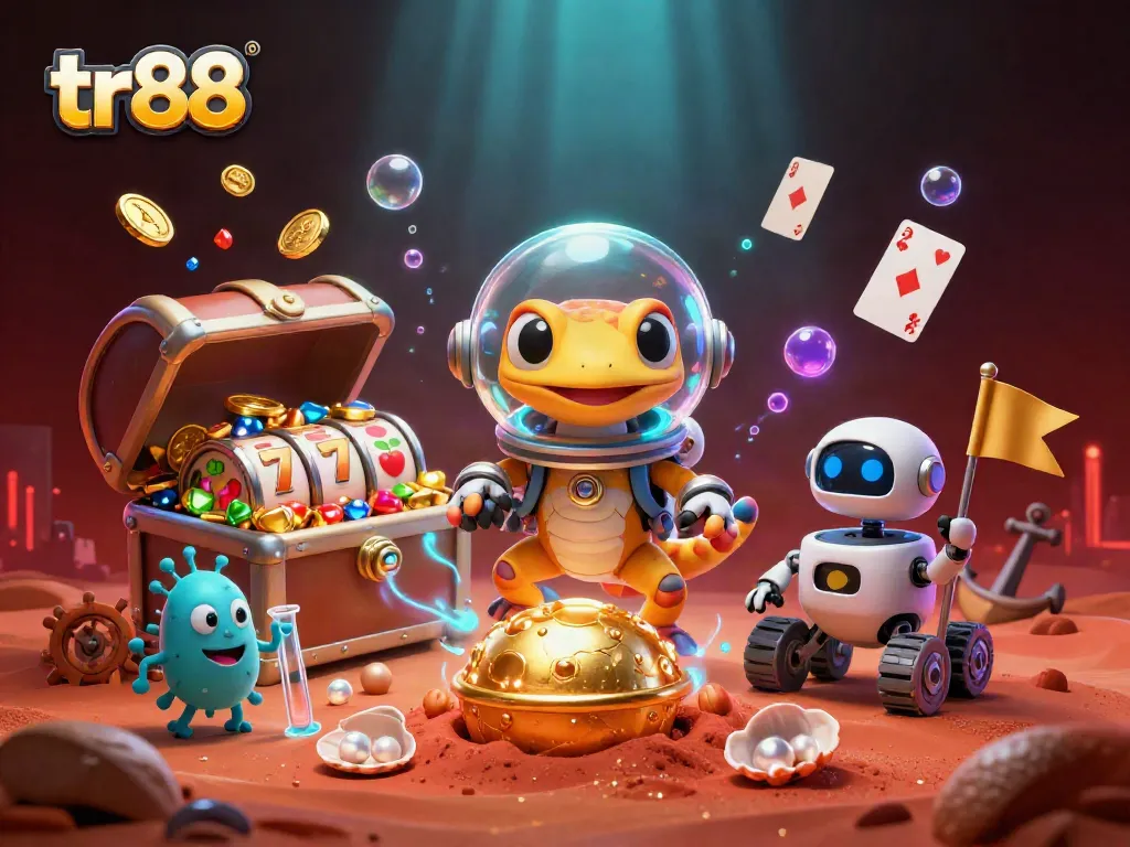 tr88-themed illustration featuring a Martian gecko exploring a golden casino on Mars