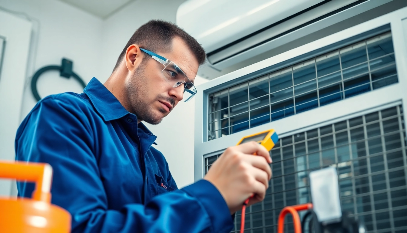 Air Conditioning Repair Tampa technician inspecting a cooling unit with tools in hand.