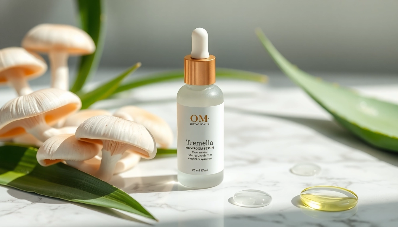 Tremella mushroom serum showcased with fresh Tremella mushrooms, highlighting its hydrating properties in a serene setting.