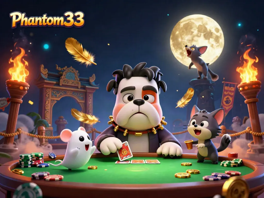 Experience the thrill of Phantom333 as the Frankenstein bulldog deals cards amidst a fantastical casino scene.