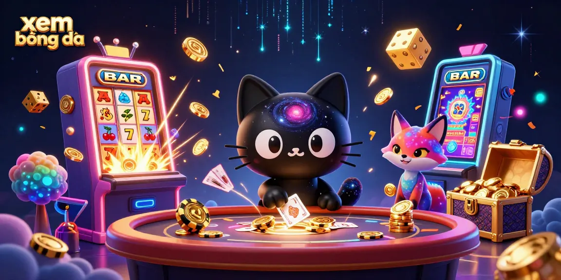 Xem bóng đá with a cartoon black hole cat and nebula fox at a cosmic casino table filled with winning elements.