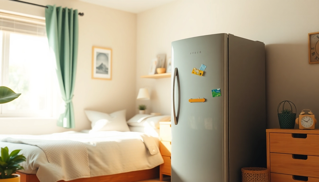 Modern dorm room fridge displaying snacks and drinks in a cozy study setting.