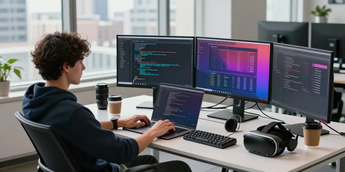 VDS satın al in a modern tech workspace showcasing a developer coding with high-tech gadgets.