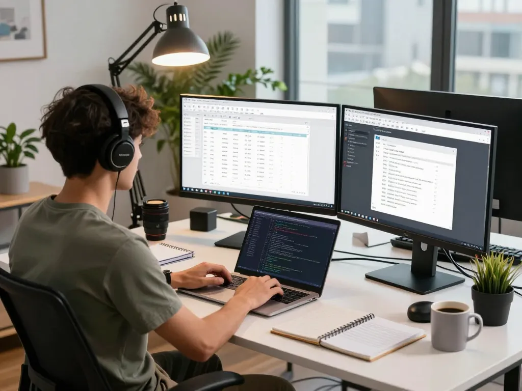 Developer using WPS 下载 software in modern office workspace with multiple monitors and city view.