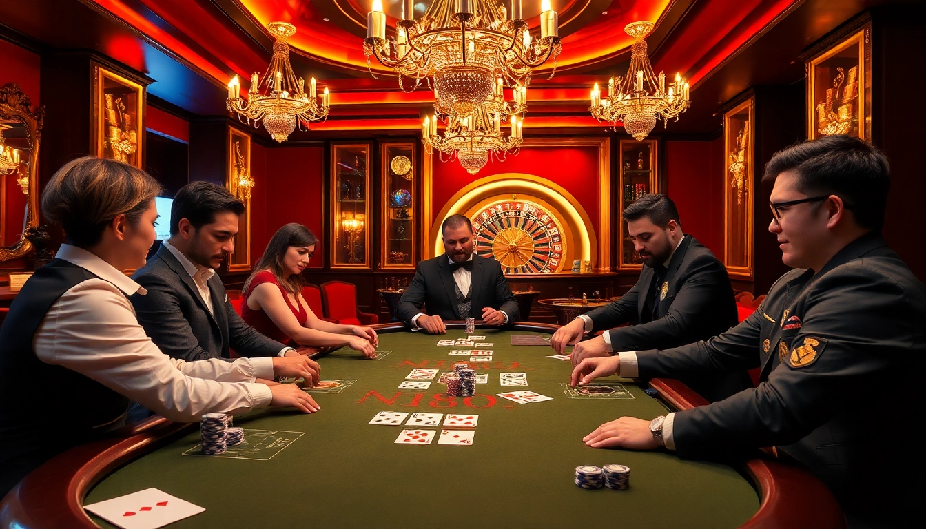 NK88 players immersed in an exciting poker game at a luxurious casino table.