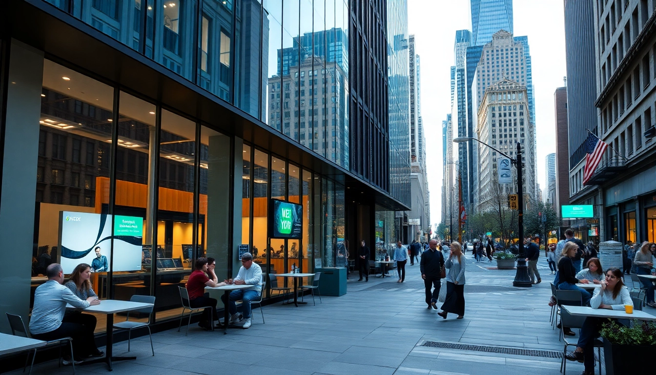 Engaging scene showcasing New York web design services with creative professionals collaborating outside a modern office.