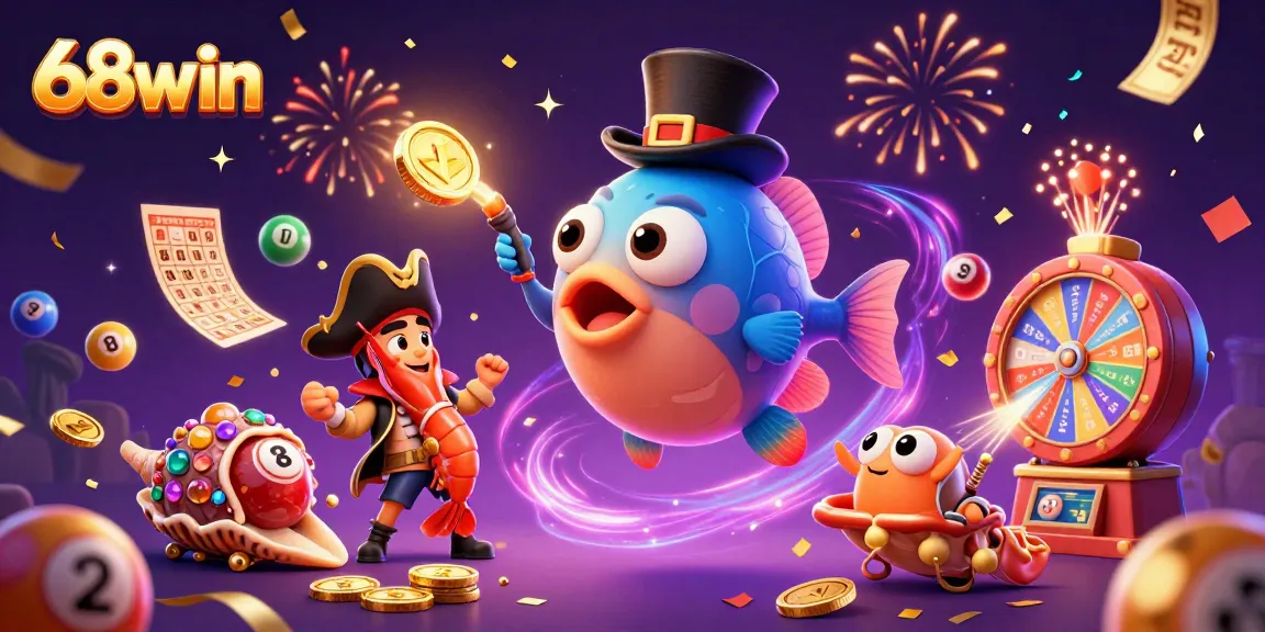 Experience thrilling gameplay at 68win with vibrant casino elements like spinning wheels and lucky coins.