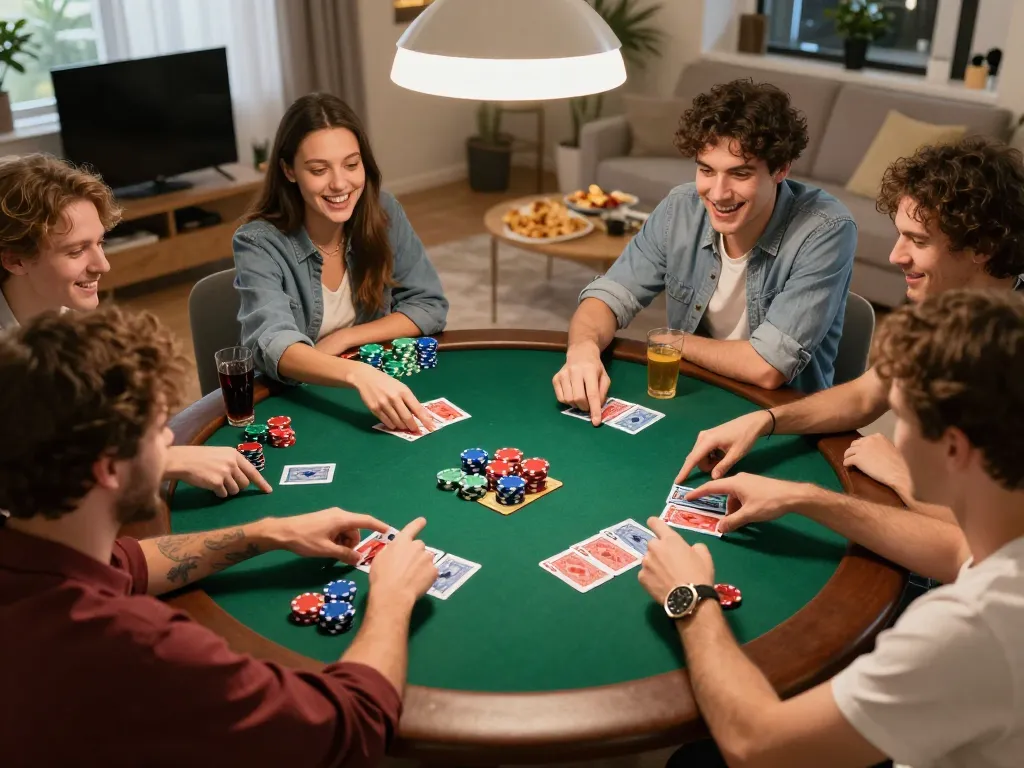 uu88 players enjoying a lively poker game at home with colorful chips and playful banter.