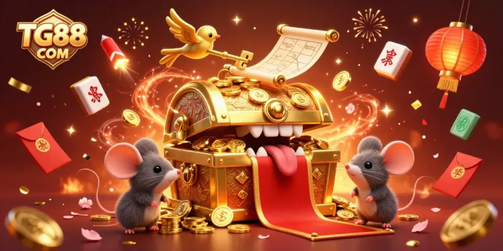 Win prizes at TG88 COM with animated treasure chest luring players and glowing casino elements.