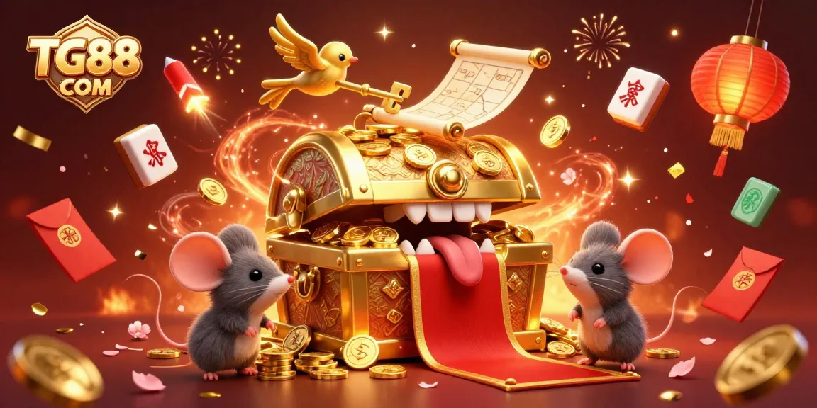 Win prizes at TG88 COM with animated treasure chest luring players and glowing casino elements.