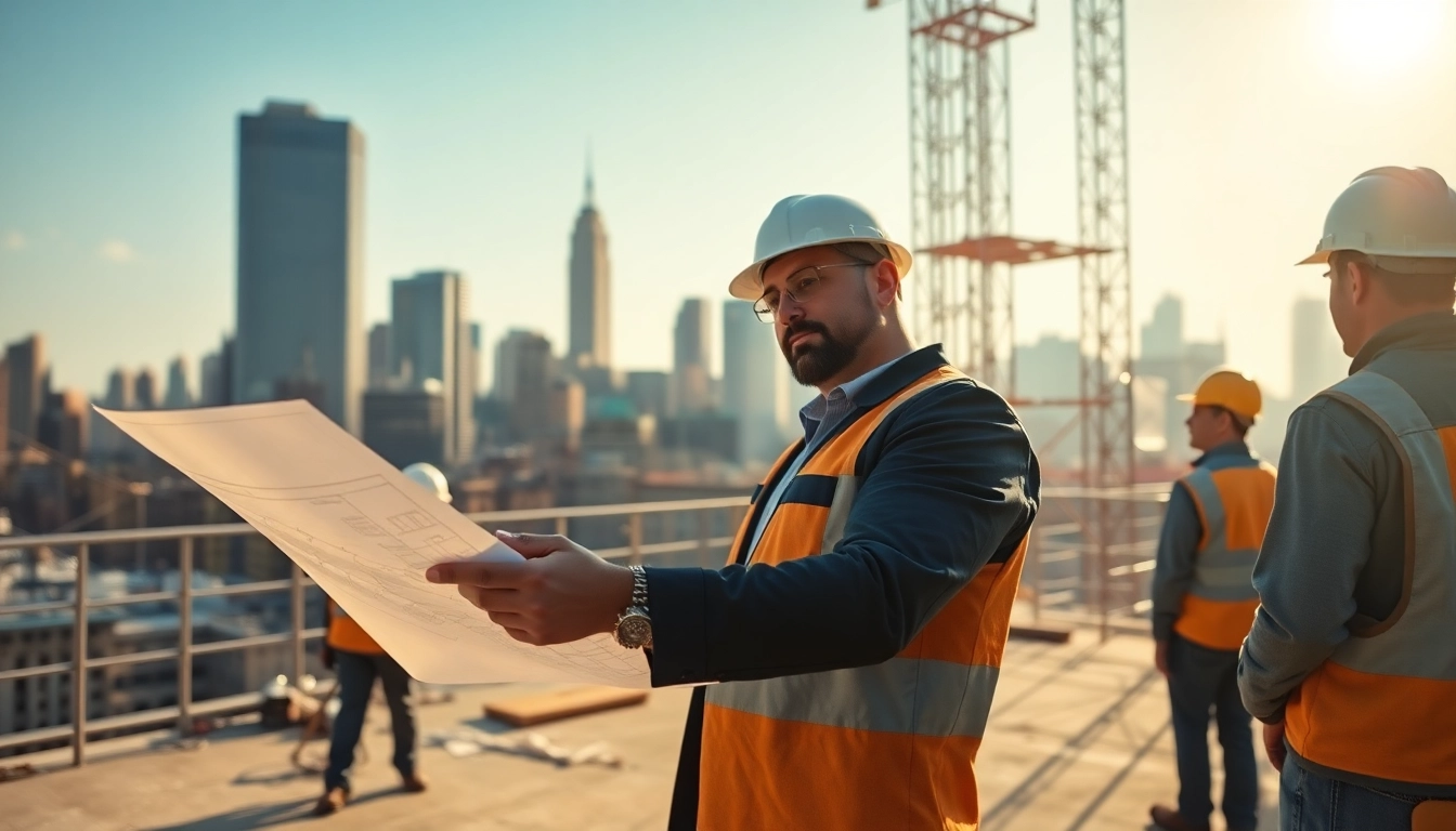 New York City Construction Manager examining project plans on a construction site.