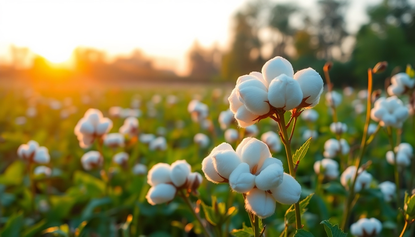 Katoenplanten in een groene veld met zachte, pluizige bollen en een warme gloed.